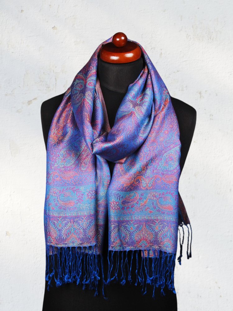 Šála z viskózy a hedvábí tmavě modrá s červenou a tyrkysovou