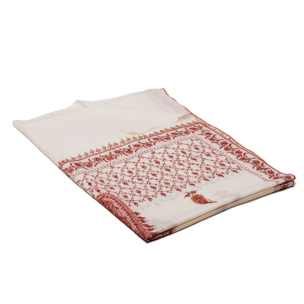 Kašmírská ručně vyšívaná pašmína smetanová s tmavě fialovou a oranžovou