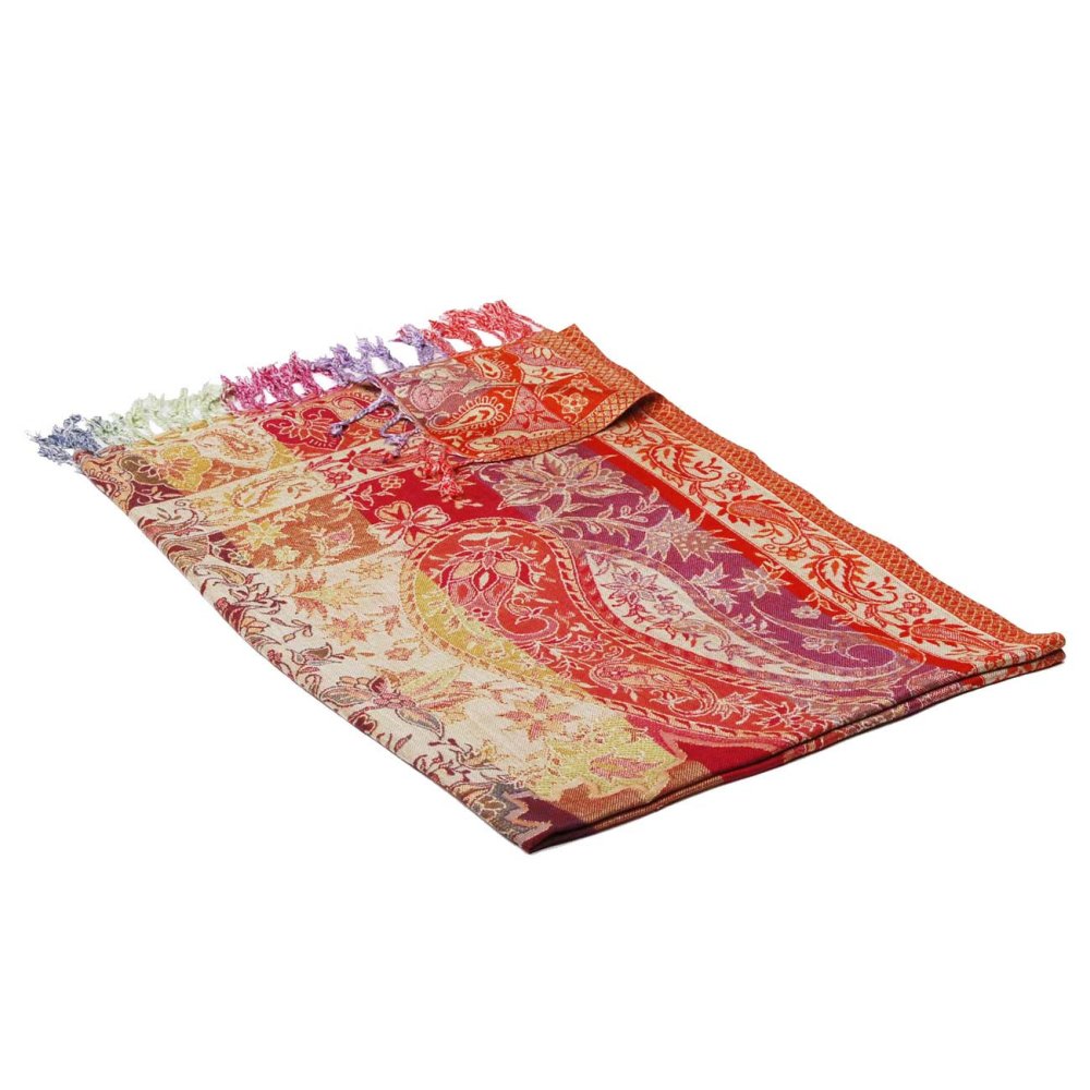 Prostříhávaná šála z viskózy mnohobarevná s červenou a světle zelenou