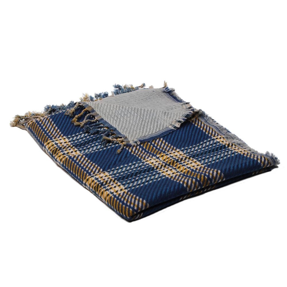 Šála z viskózy a akrylu oboustranná modrá se žlutou a světle šedou